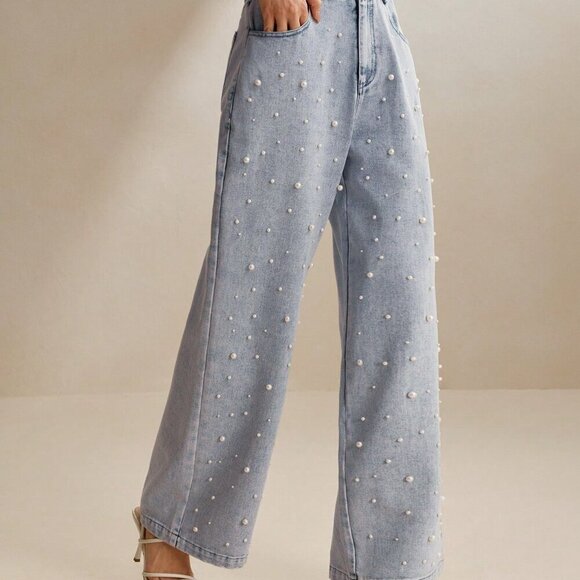 Teal Blue Casual Women's Pearl Decorated Denim Straight-Leg Pants - Picture 2 of 6